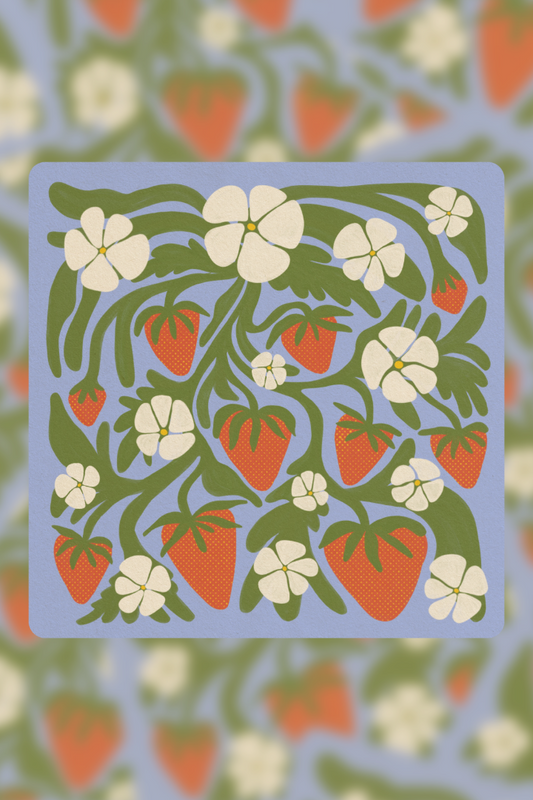 Decorative card with strawberry and floral pattern on a blue background, surrounded by a strawberry and flower pattern.