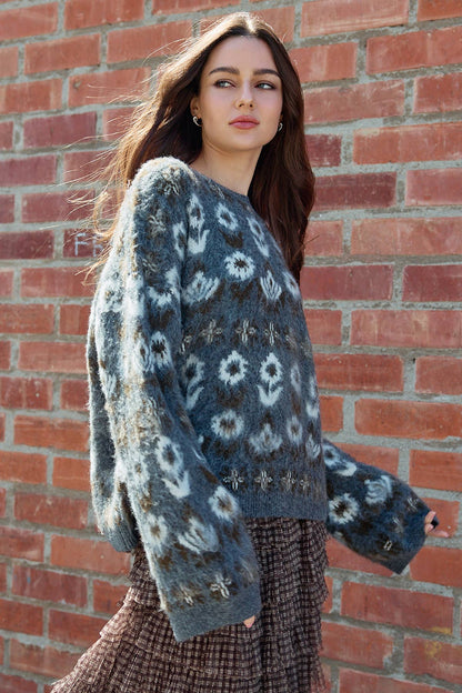 Fuzzy Diamond Pattern Knit Sweater