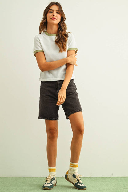 Color Trim Waffle Tee | Sage