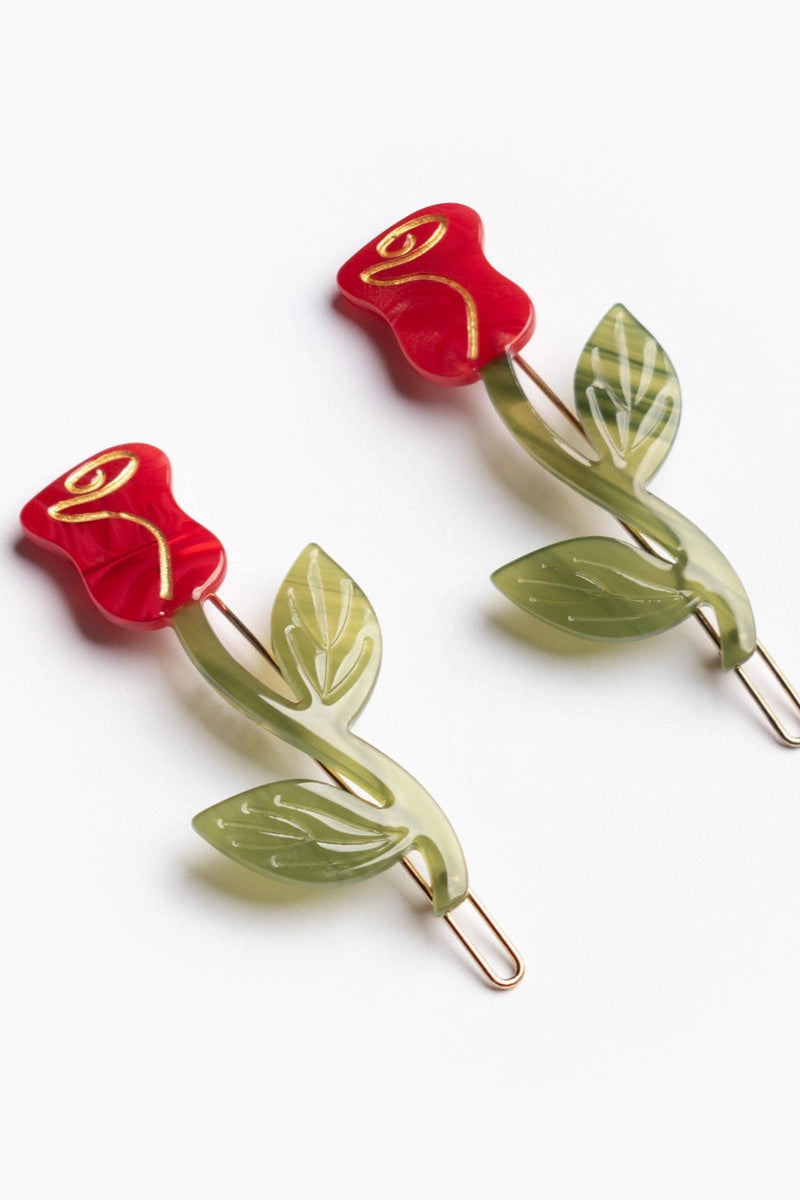 Red Rose Hair Barrette | Set of 2