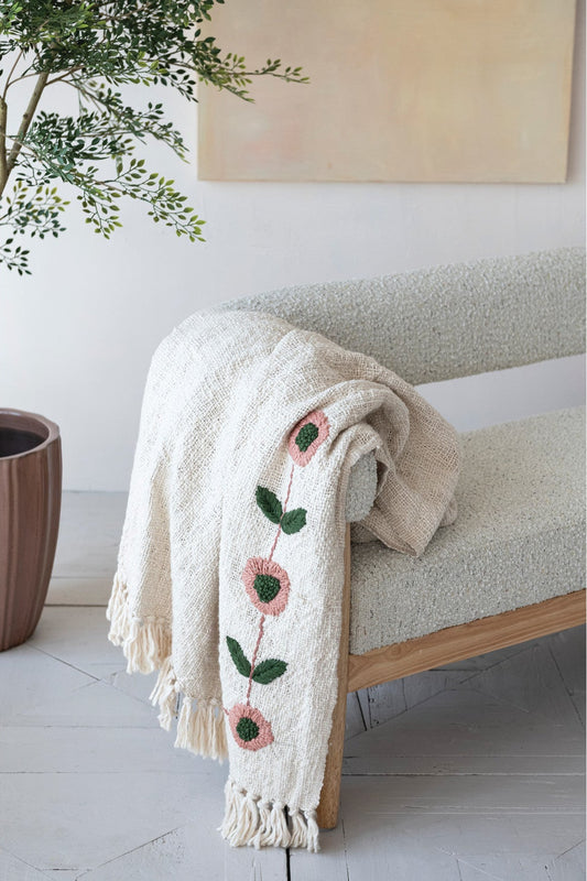 Cotton Slub Throw | Embroidered Floral