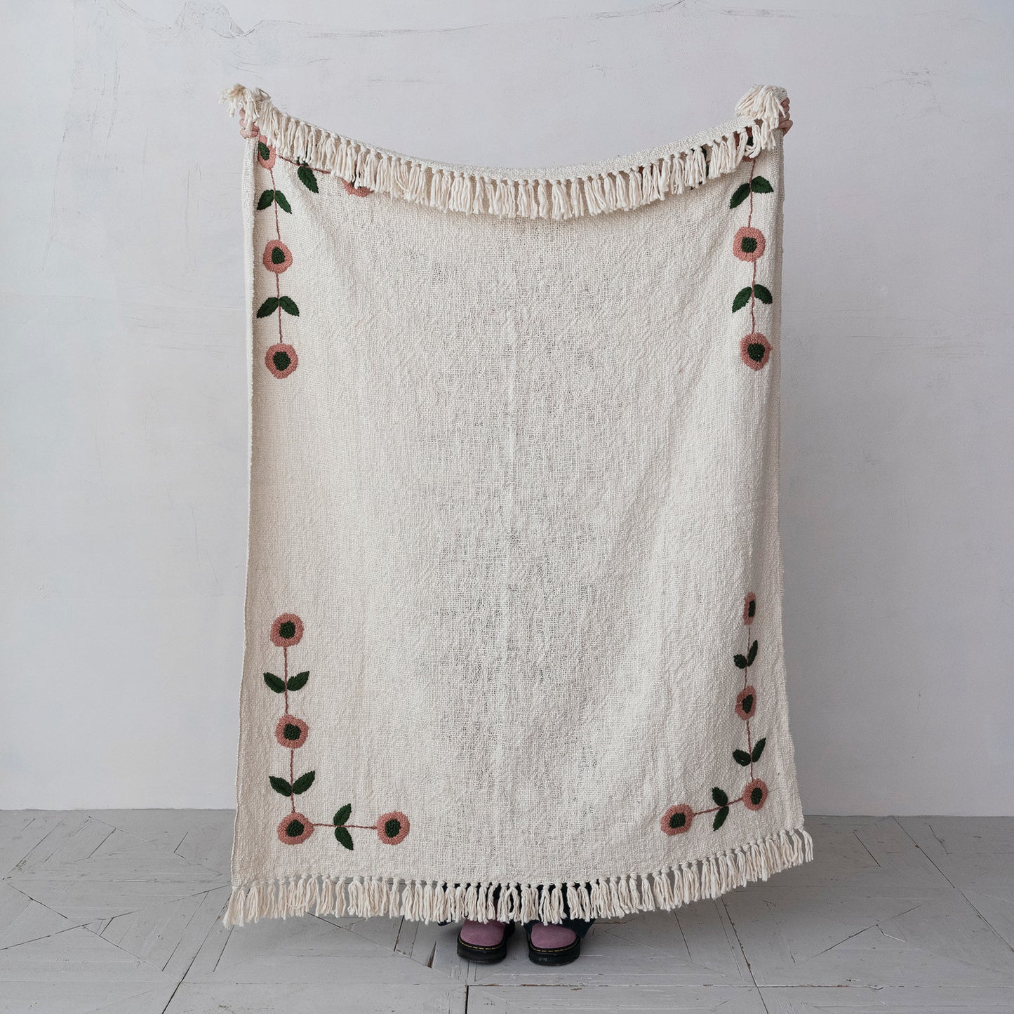 Cotton Slub Throw | Embroidered Floral