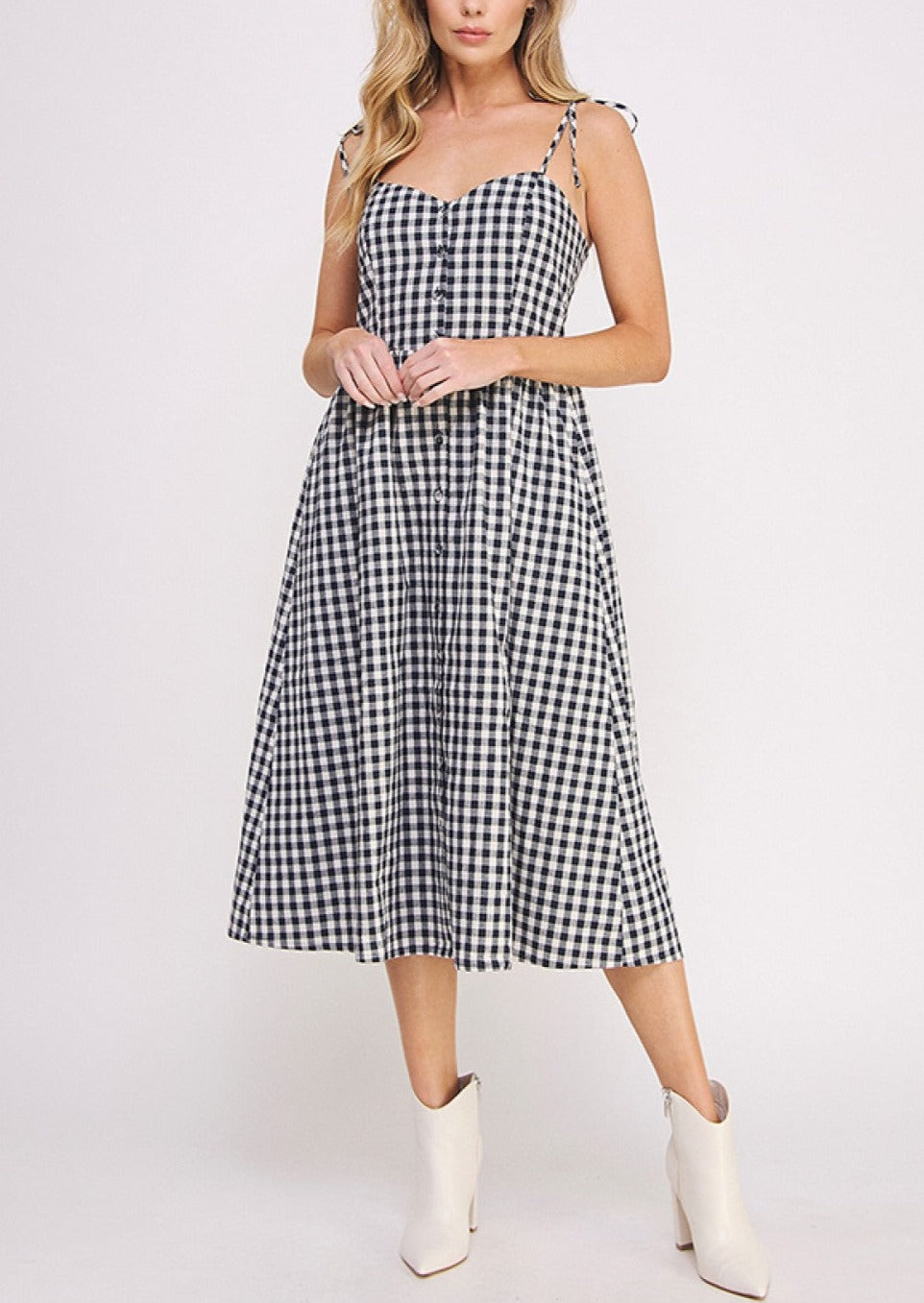 Gingham Button Down Midi Dress | Navy