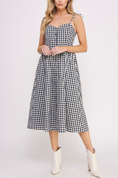 Gingham Button Down Midi Dress | Navy