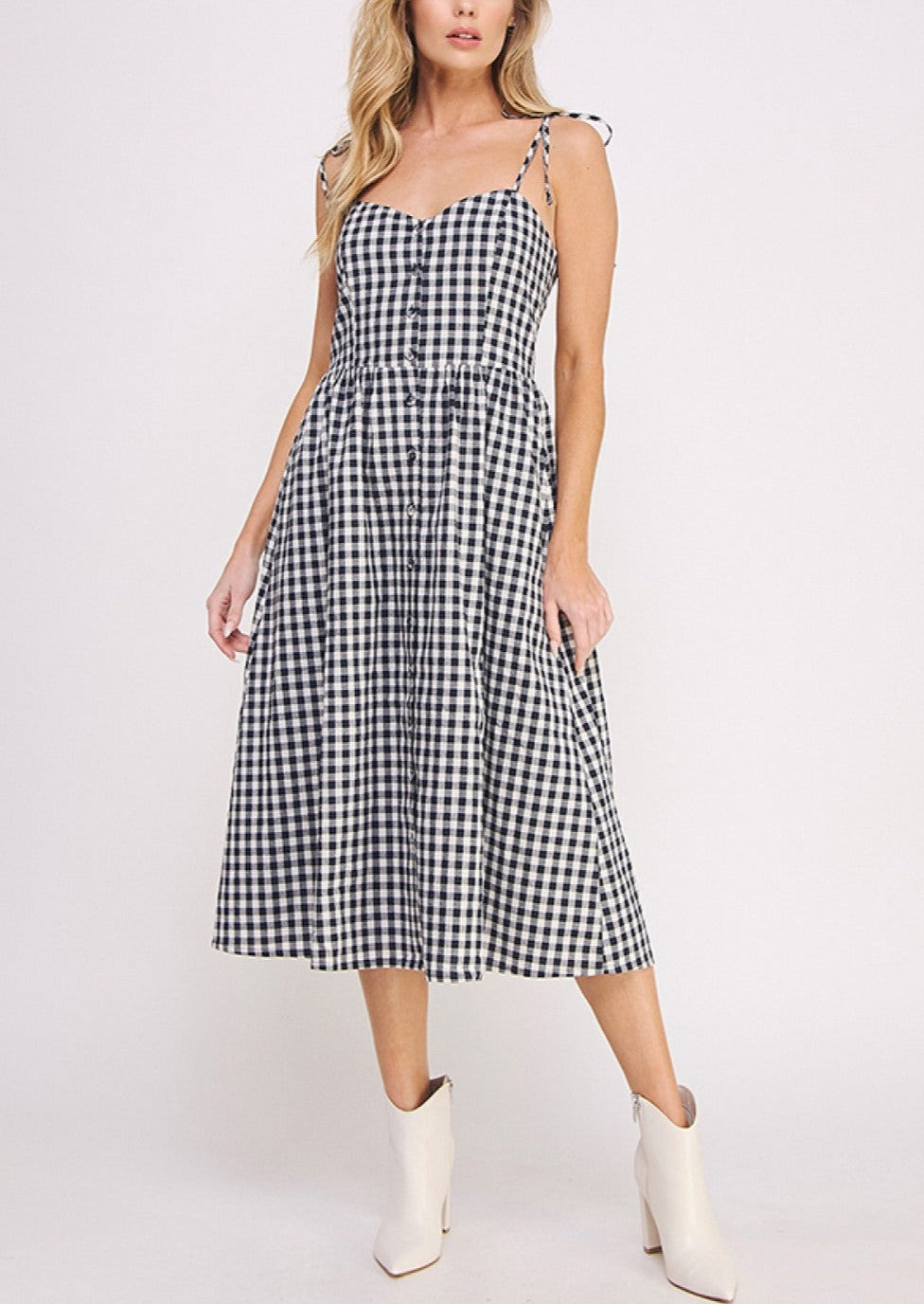 Gingham Button Down Midi Dress | Navy