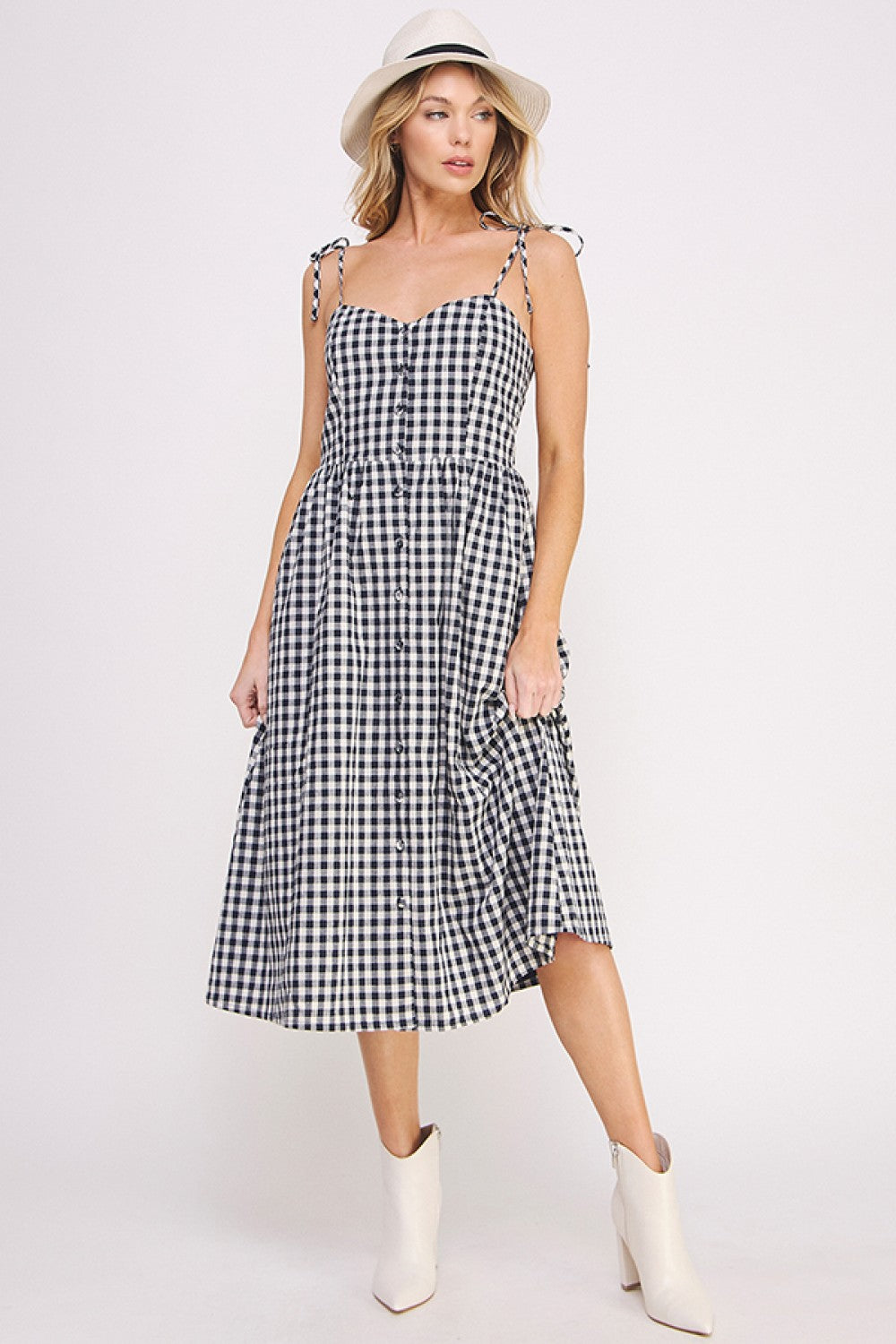 Gingham Button Down Midi Dress | Navy