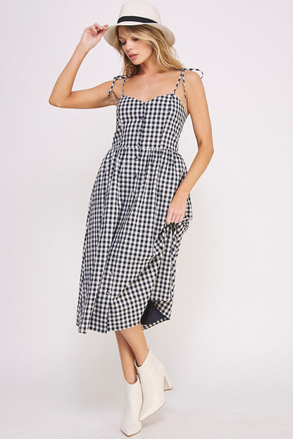 Gingham Button Down Midi Dress | Navy