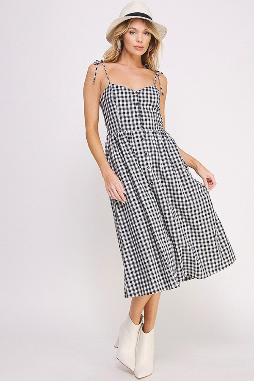 Gingham Button Down Midi Dress | Navy