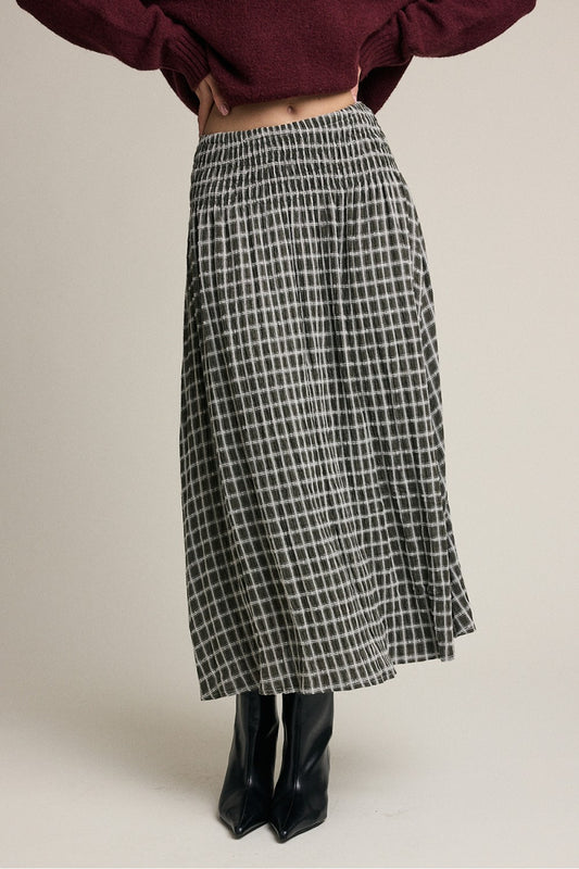 Plaid Smocked Waist Midi Skirt