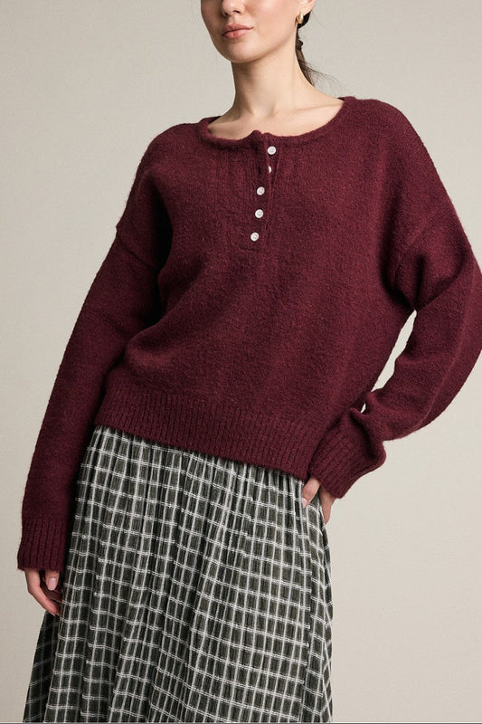 Button Detail Soft Knit Sweater | Wine