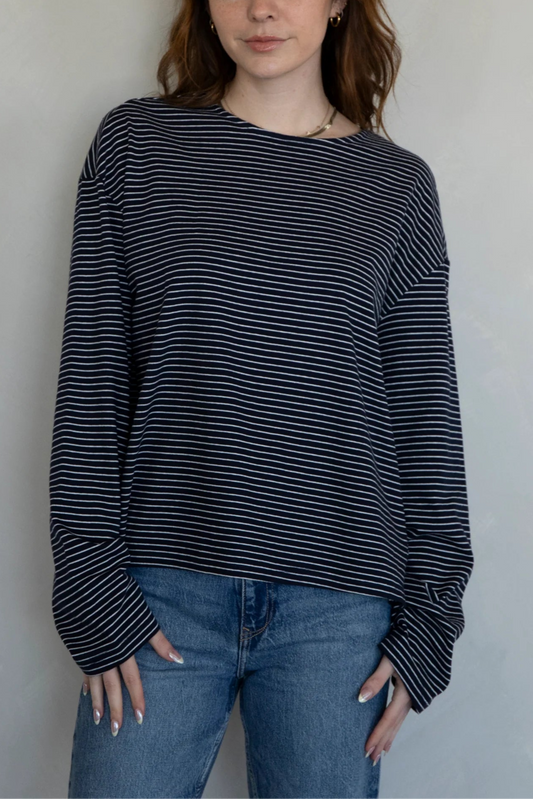 Oversized Stripe LS Tee | Navy