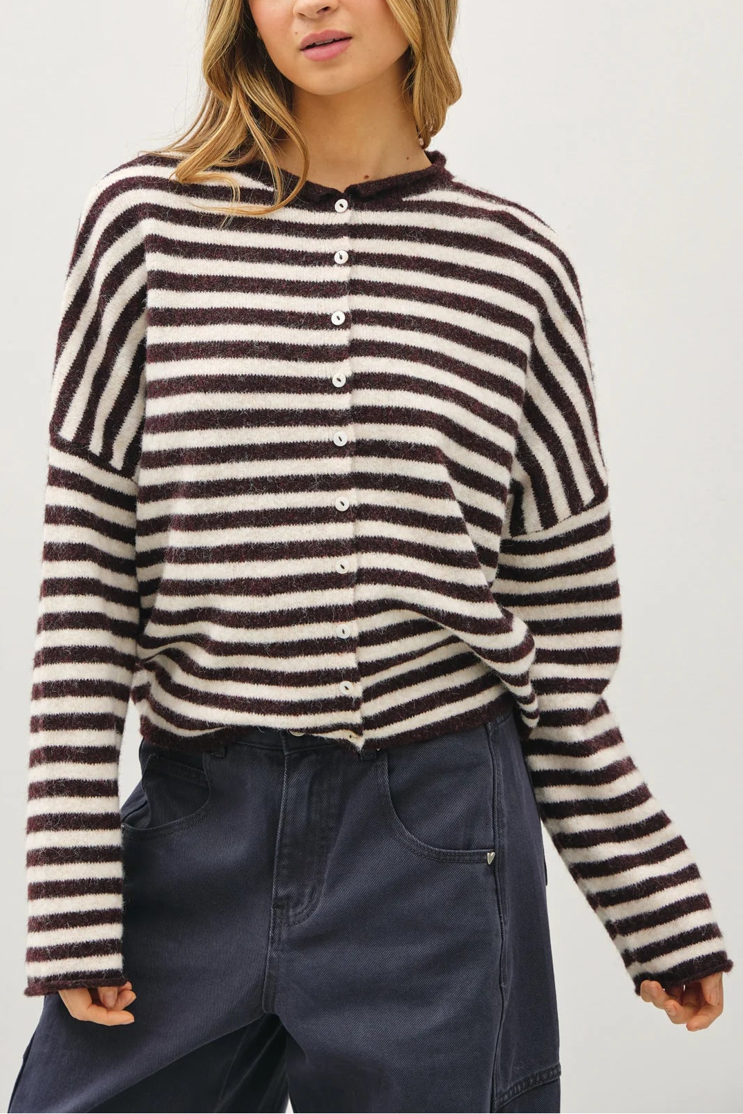 Piper Bold Stripe Cardigan | Dark Wine
