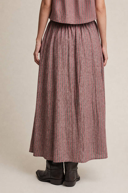 Striped Linen Midi Skirt | Red