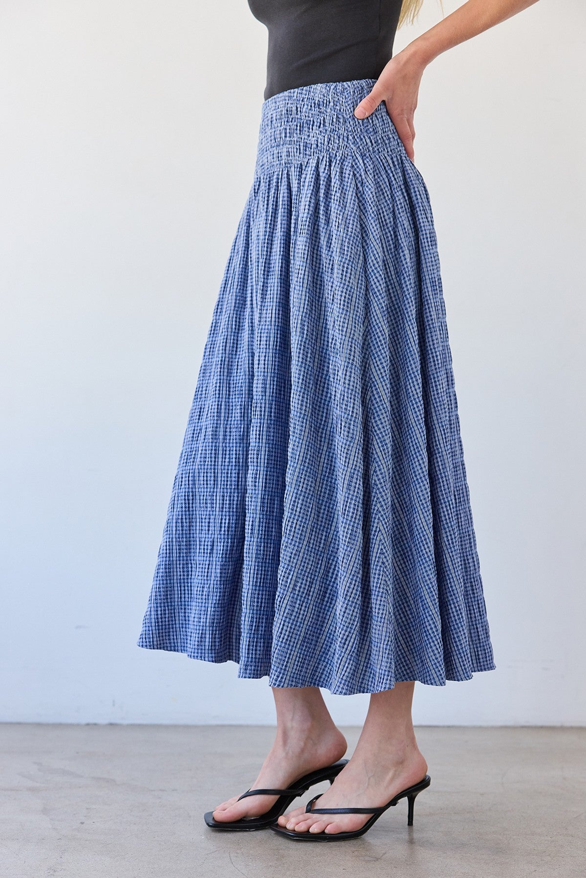 Smocked Waist Midi Skirt | Blue Check