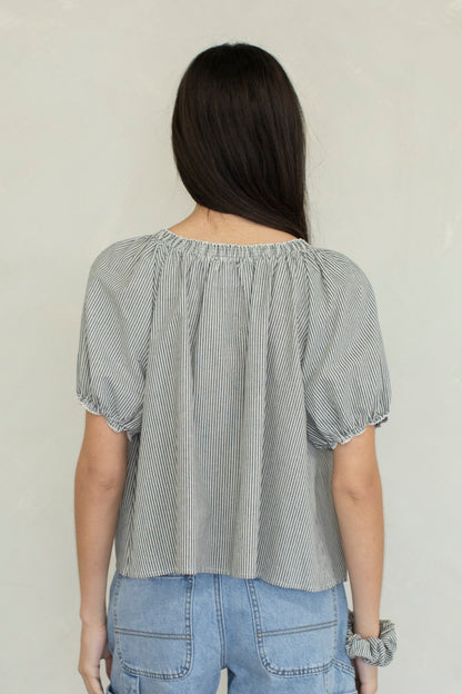 Stripe Puff Sleeve Blouse | Black