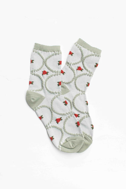 Antique Floral Socks | Sage Red