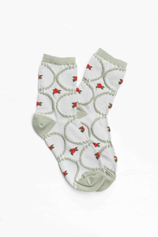 Antique Floral Socks | Sage Red