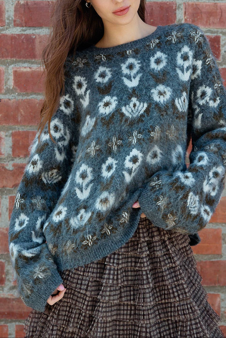 Fuzzy Diamond Pattern Knit Sweater