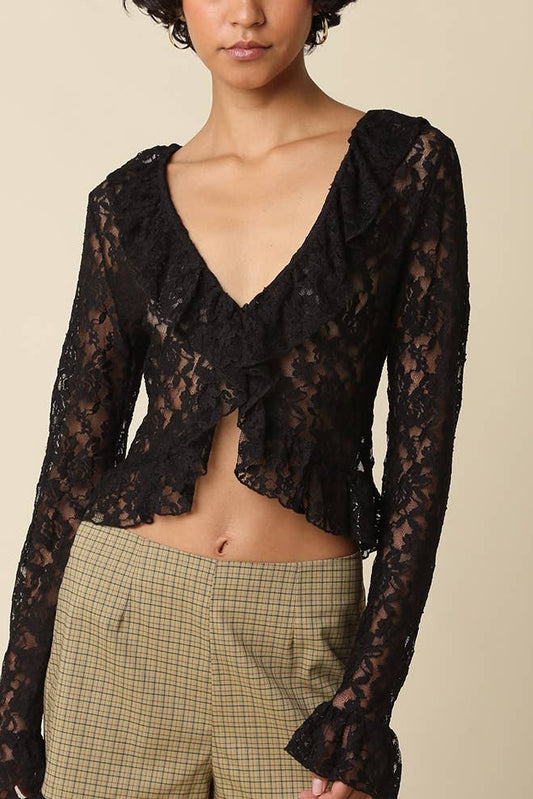 Melanie Lace Ruffle Top | Black