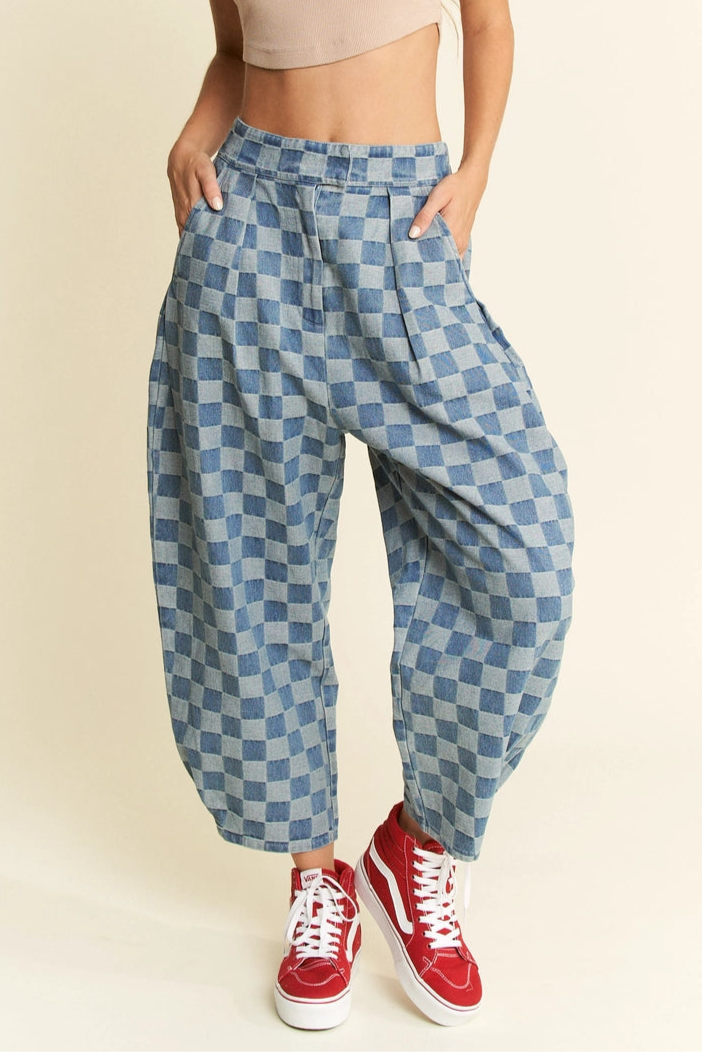 Denim Checkered Barrel Pants