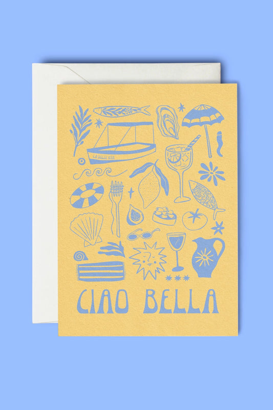 Greeting card with beach-themed illustrations and 'Ciao Bella' text on a yellow background