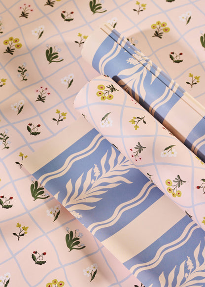 Floral Trellis and Blue Vine Stripe Double Sided Gift Wrap | Roll of 3 Sheets