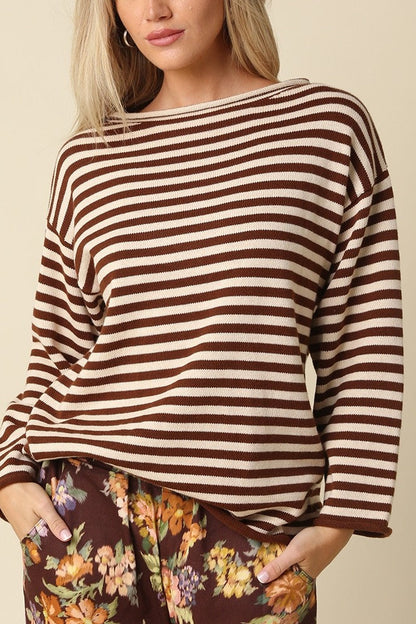 Boatneck Stripe Sweater | Taupe + Brown