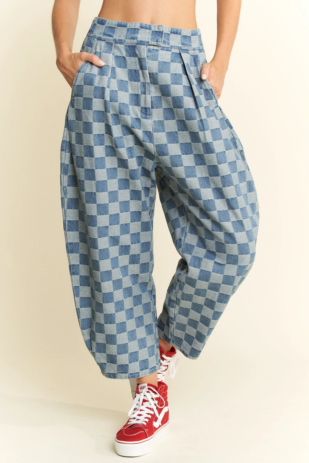 Denim Checkered Barrel Pants