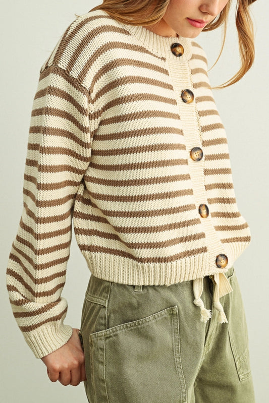 Cropped Stripe Cardigan | Mocha + White