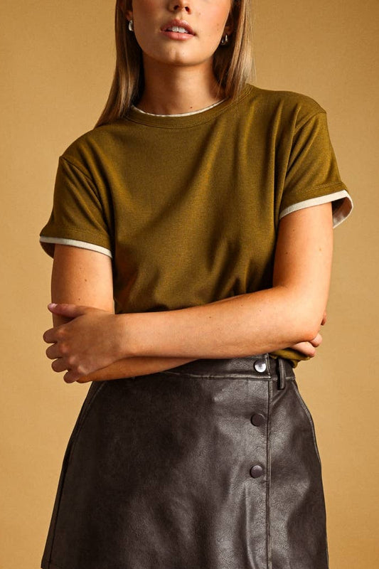 Double Layer Tee | Green Olive + Beige