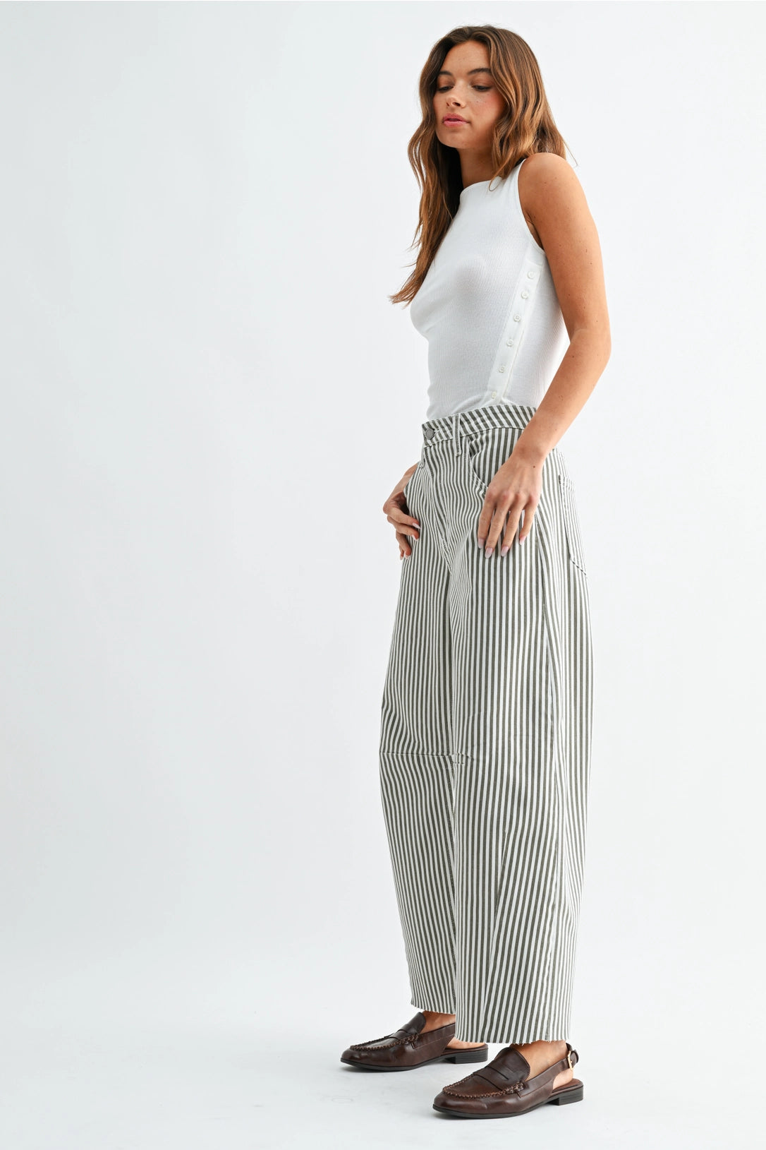 High Rise Barrel Leg Denim | Olive Stripe