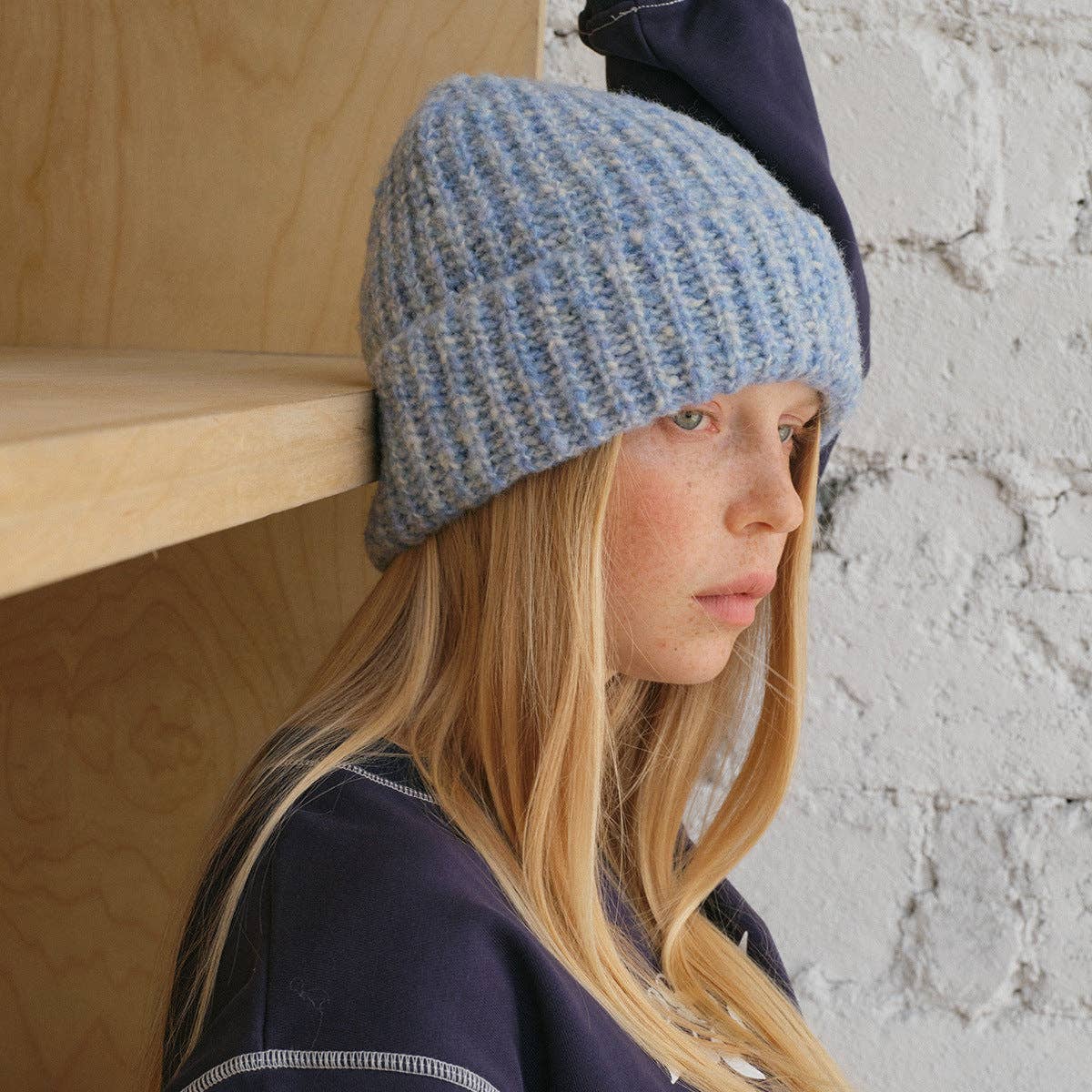 Knitted Wool Blend Beanie | Blue