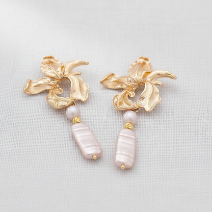 Gold Petal + Pearl Drop Earrings