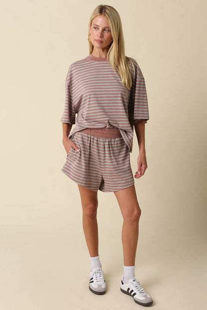 Lena Striped Relaxed Tee | Grey + Mauve
