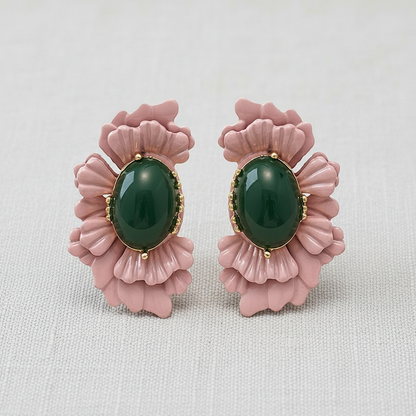 Pink + Green Flower Earrings