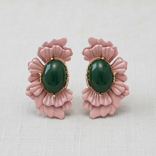 Pink + Green Flower Earrings