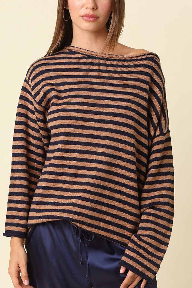 Boatneck Stripe Sweater | Navy + Mocha