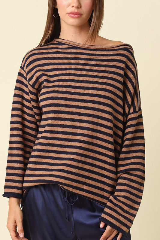 Boatneck Stripe Sweater | Navy + Mocha