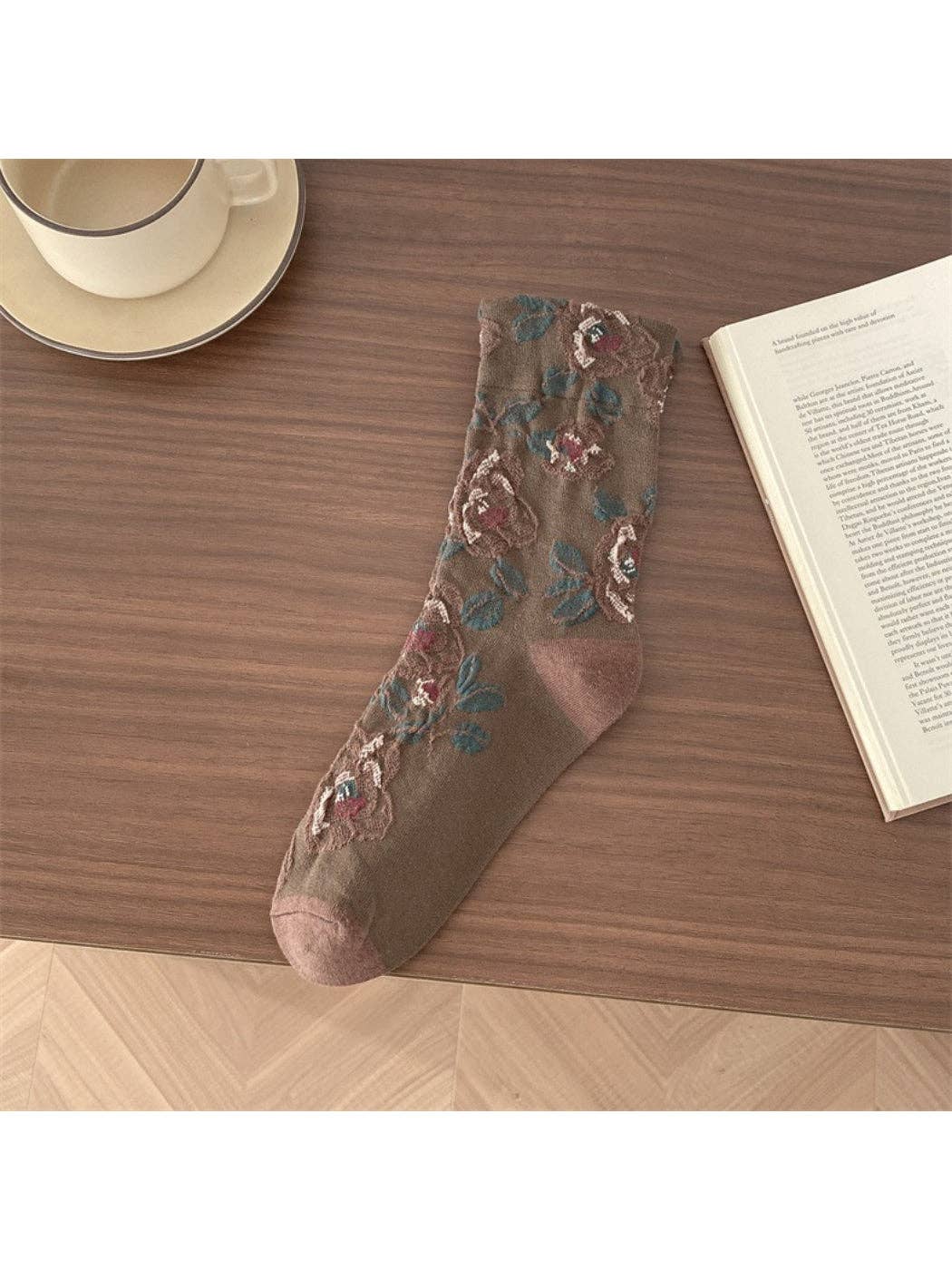 Rose Embroidered Crew Socks | Coffee