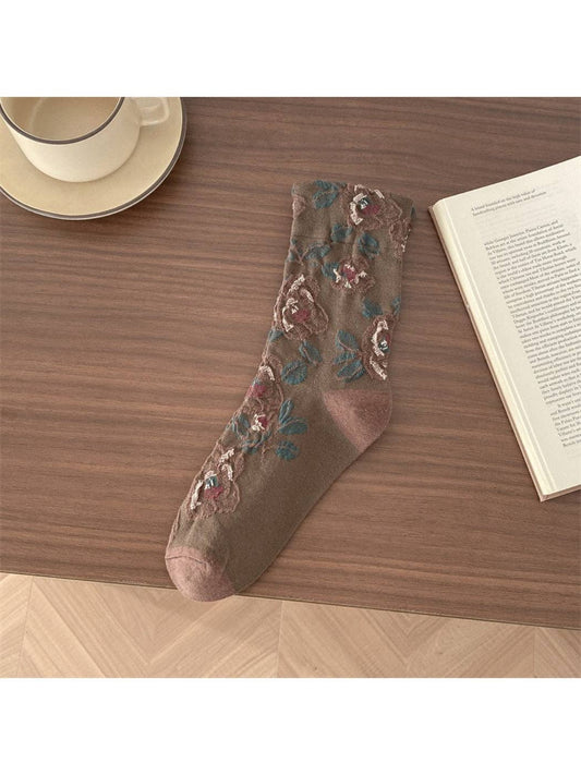 Rose Embroidered Crew Socks | Coffee