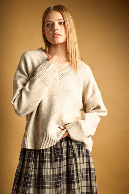 Wide Hem V-Neck Sweater | Oatmeal