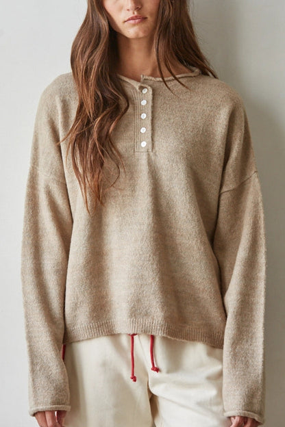 Oversized Henley Sweater | Light Mocha