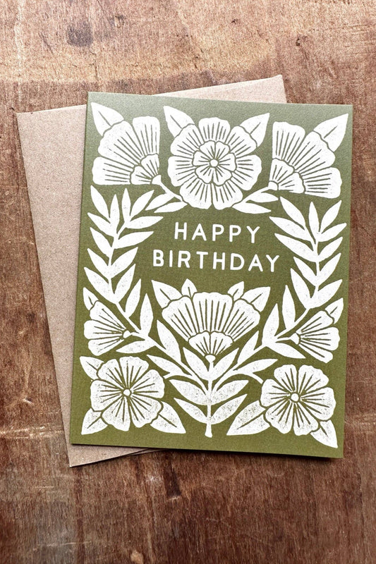 Green Florals Happy Birthday Card