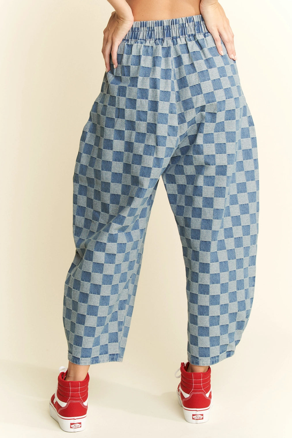 Denim Checkered Barrel Pants