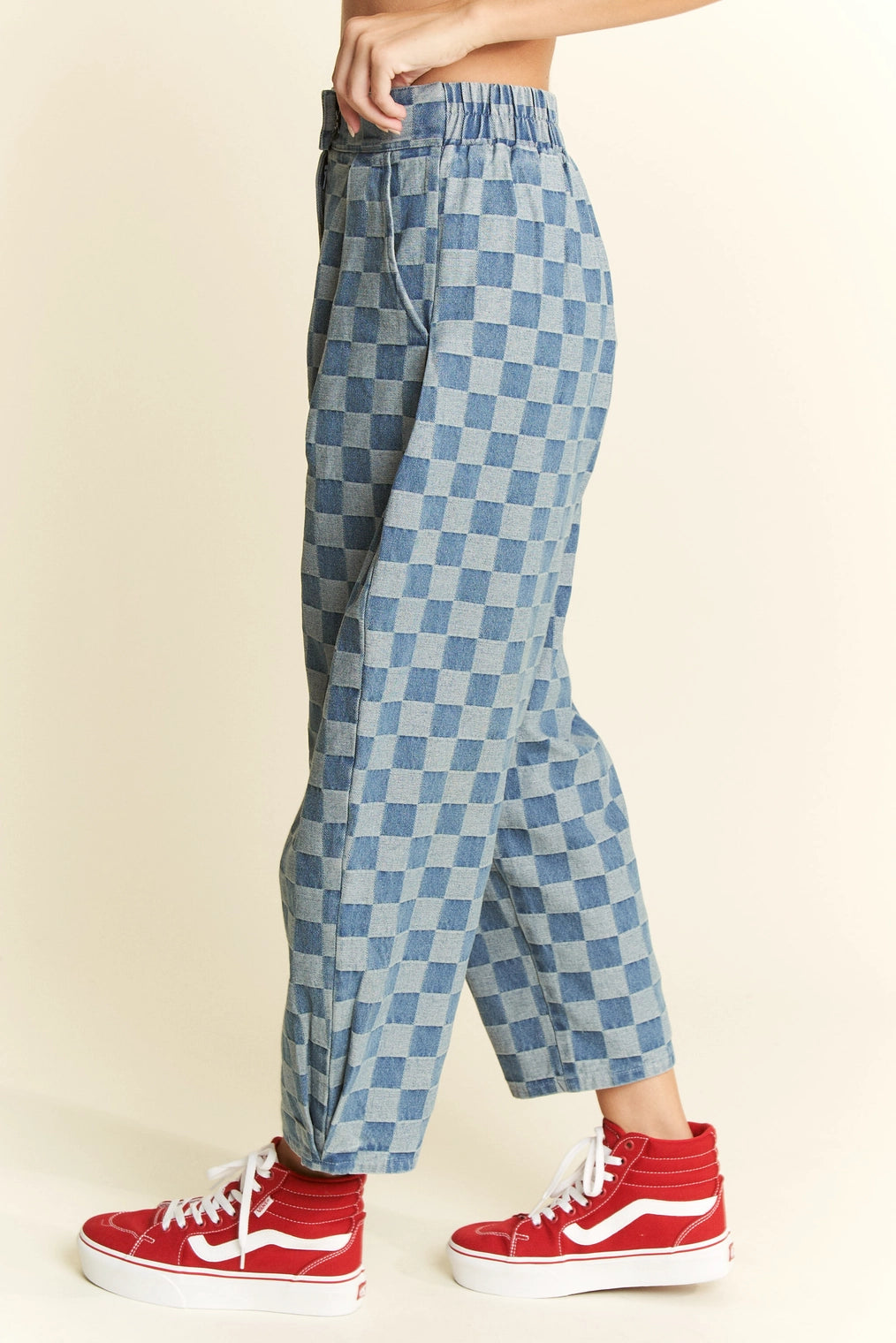 Denim Checkered Barrel Pants