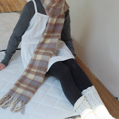Plaid Wool Blend Scarf | Cream and Blue