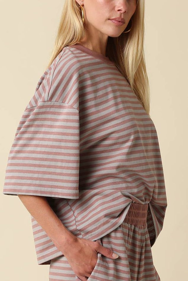 Lena Striped Relaxed Tee | Grey + Mauve