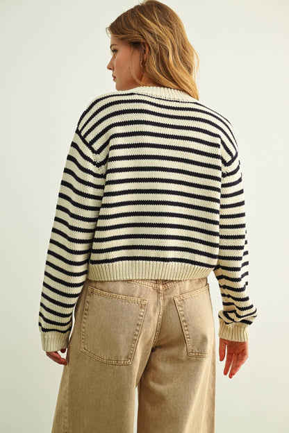 Cropped Stripe Cardigan | Black + White