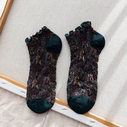 Frilly Floral Ankle Socks | Dark Green