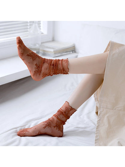 Sheer Lace Crew Socks | Beige